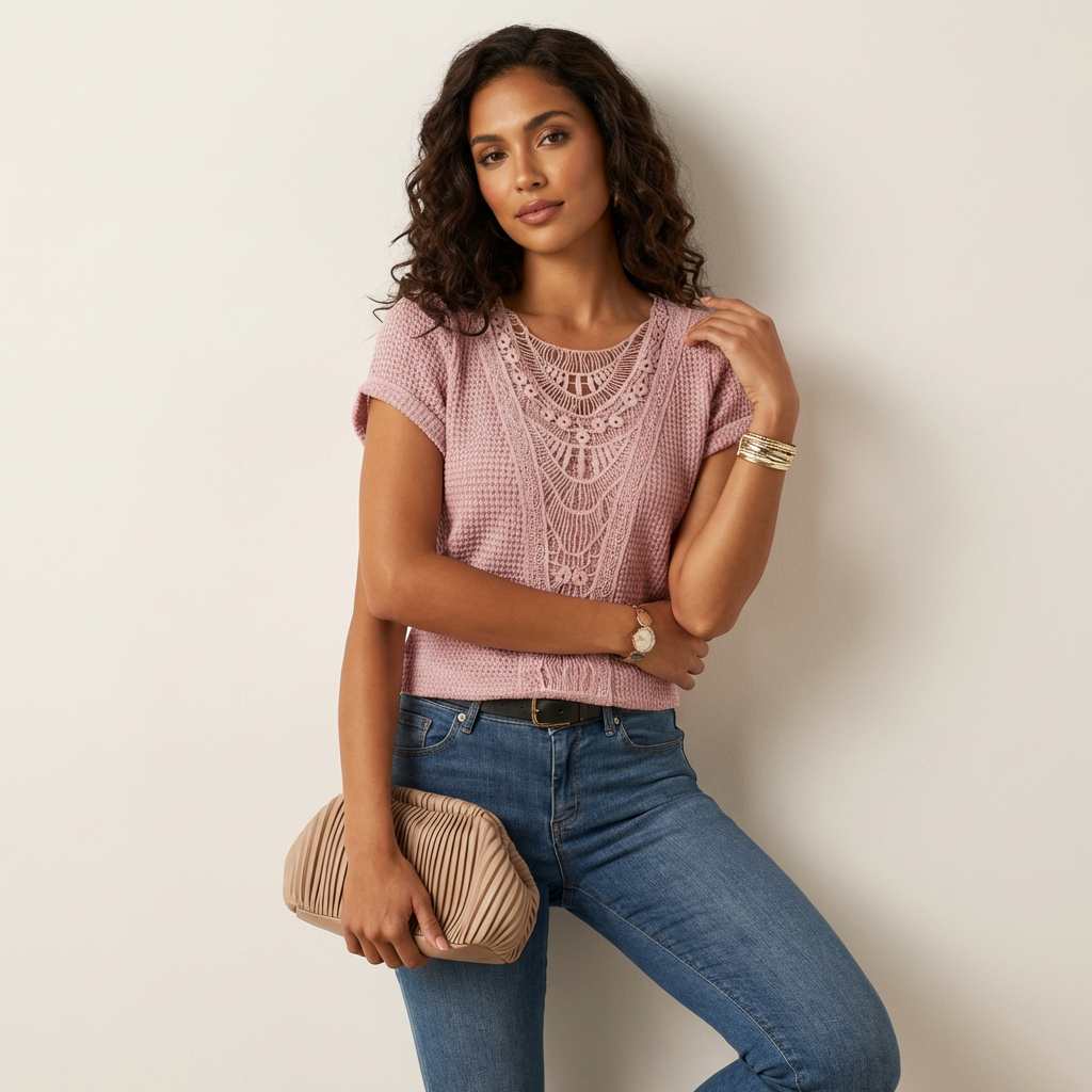 Elegante kanten top met ronde hals en korte mouw – Isabella