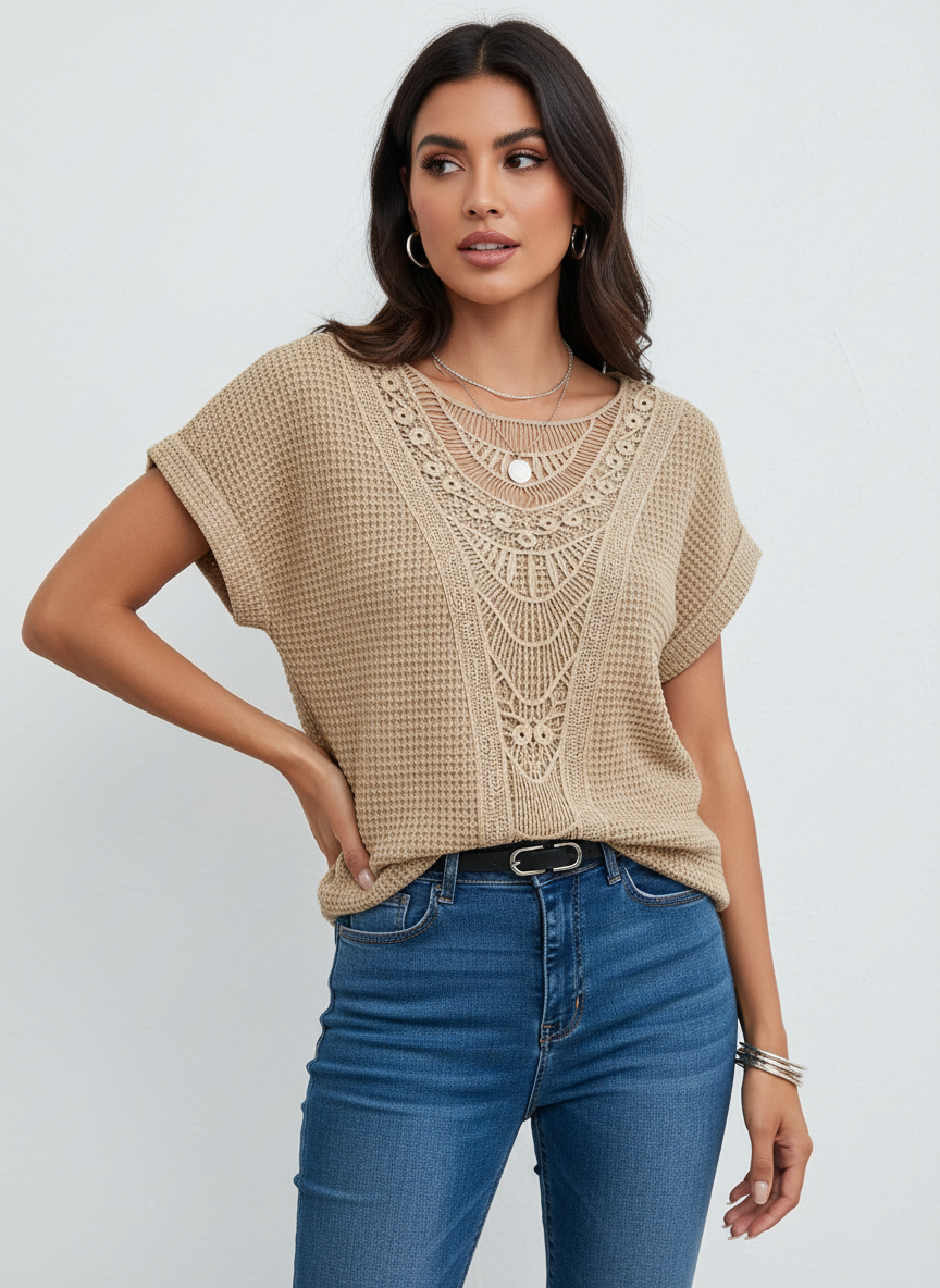 Elegante kanten top met ronde hals en korte mouw – Isabella