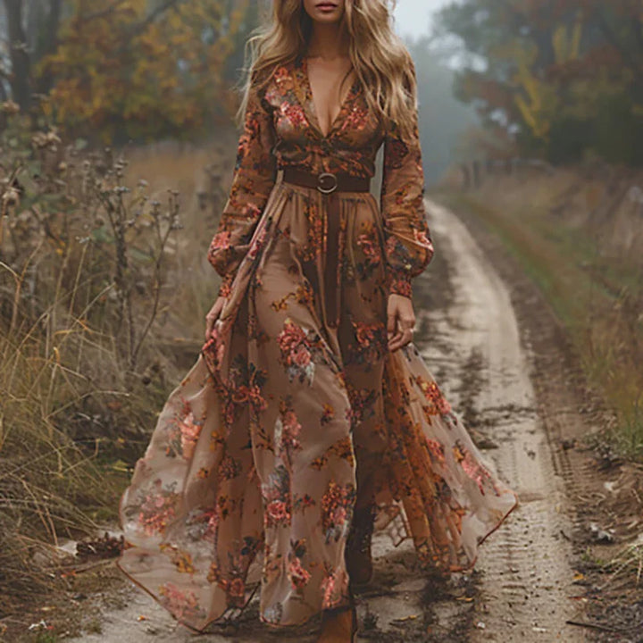 Eleanor | Dames Bloemen Lange Mouw Maxi Jurk