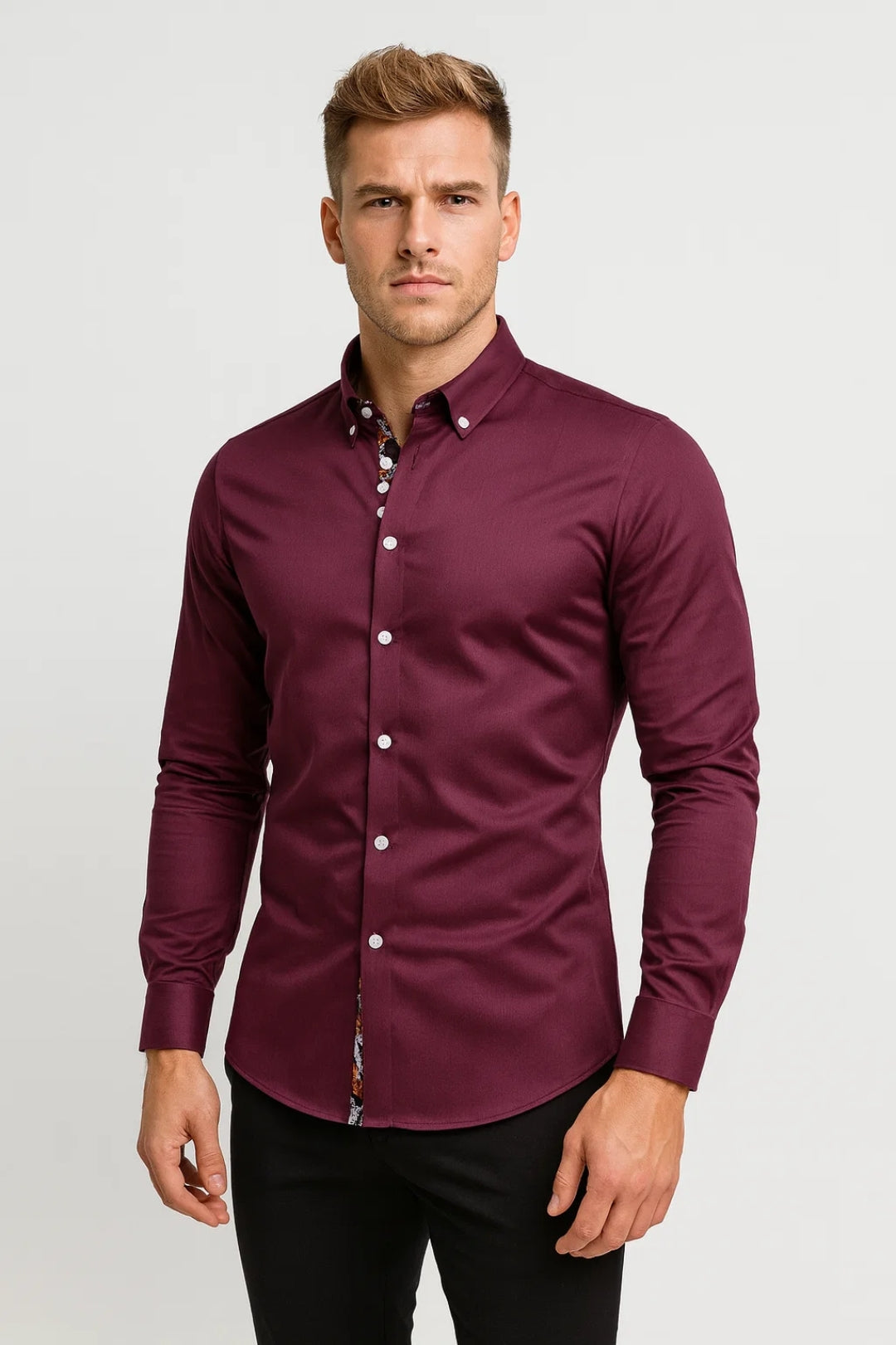 Heren Overhemd met Opstaande Kraag en Slim Fit