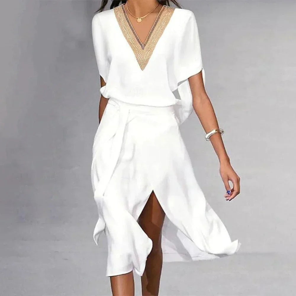 Livia - Moderne Witte Midi-Jurk met Chic V-Hals