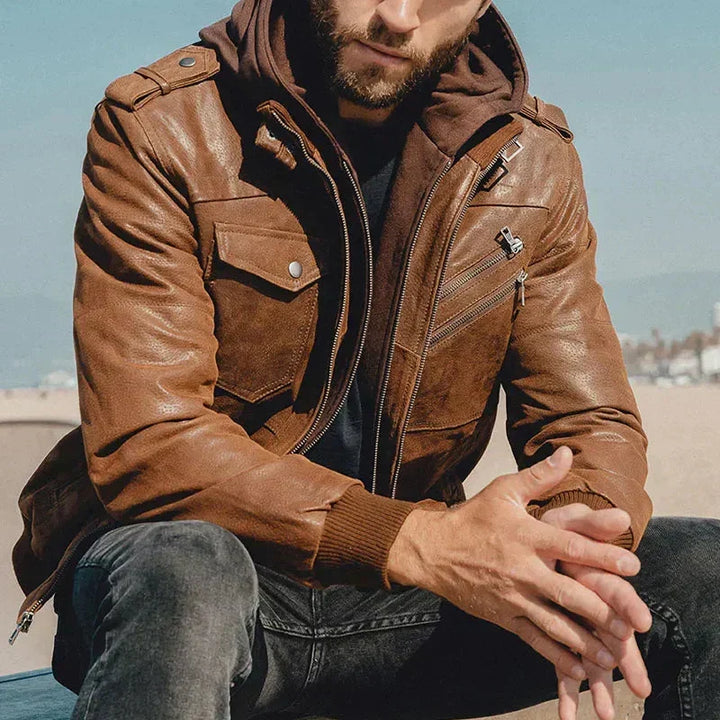Heren Leren Hooded Casual Zip-Up Jas