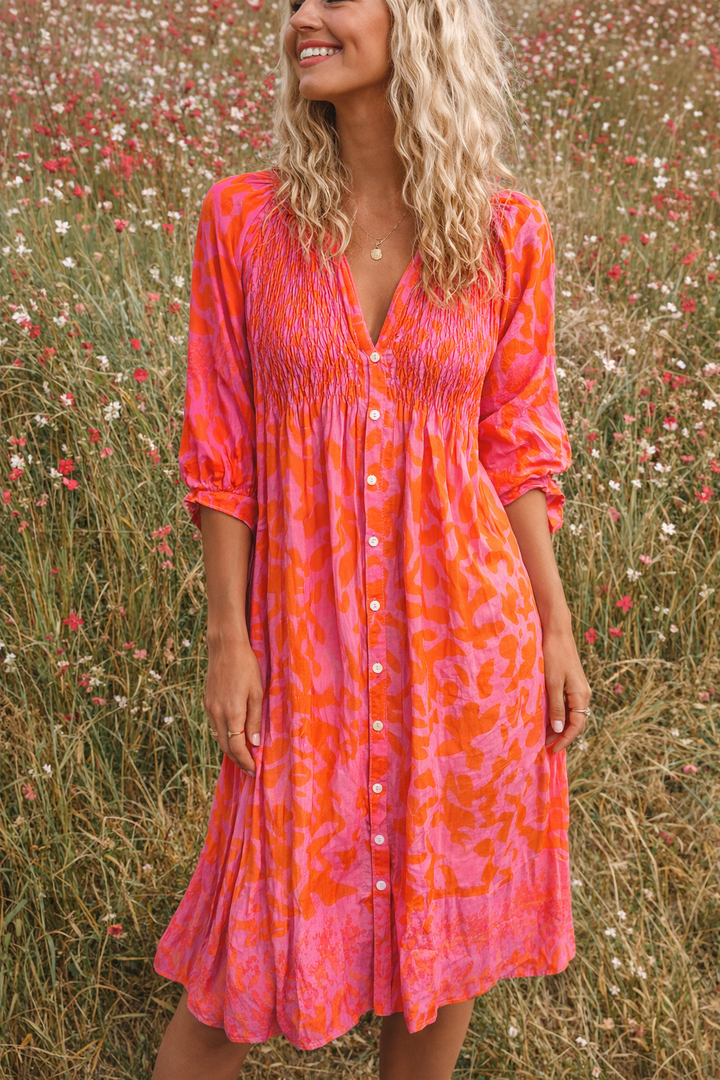 June | Elegante Zomerse Oranje Midi Jurk