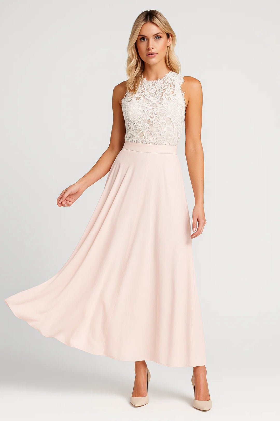 Lichtroze Elegante Kant Maxi Jurk