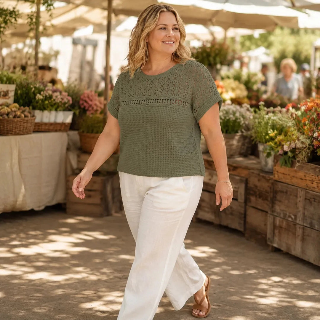 Wearbella – Open Gebreide Korte Mouwen Top, Wafeltextuur Lente Zomer Blouse voor Vrouwen