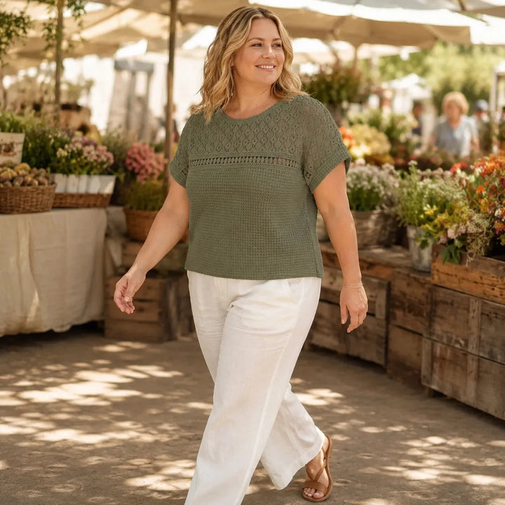 Wearbella – Open Gebreide Korte Mouwen Top, Wafeltextuur Lente Zomer Blouse voor Vrouwen