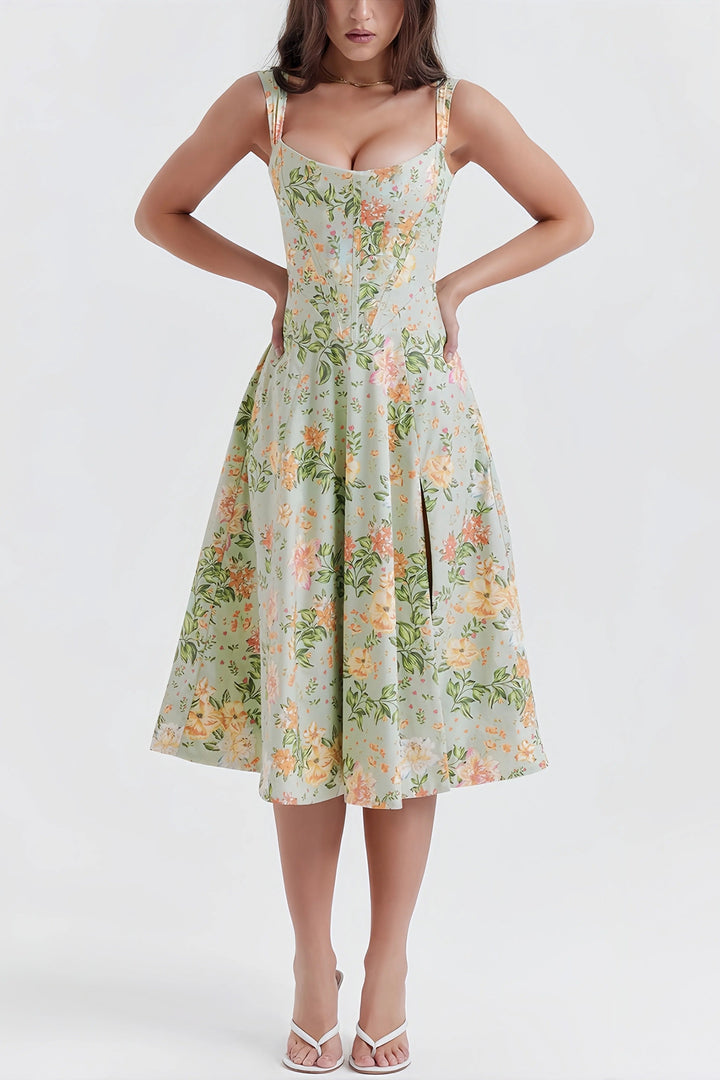 Janice | Bloemmotief Midi-Jurk - Elegante Split, Luchtig en Zomers