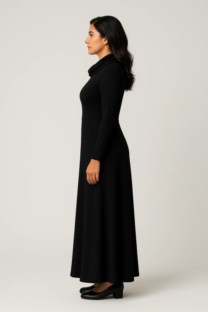 Dames Maxi Jurk Met Col En Lange Mouwen