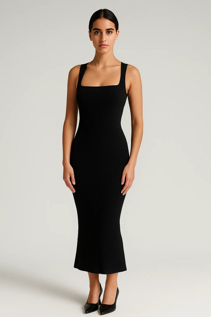 Zwarte Bodycon Midi Jurk met Bandjes