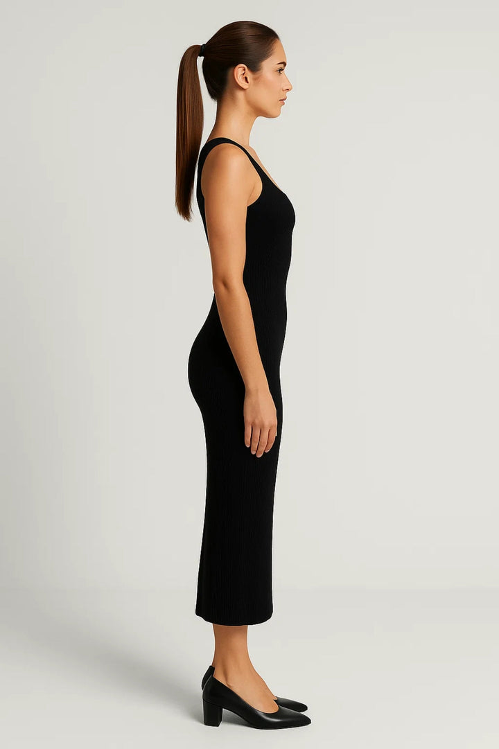 Zwarte Bodycon Midi Jurk met Bandjes