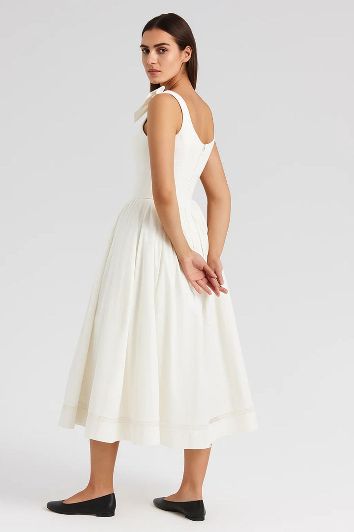 Witte Elegante Midi Jurk met Strikbandjes