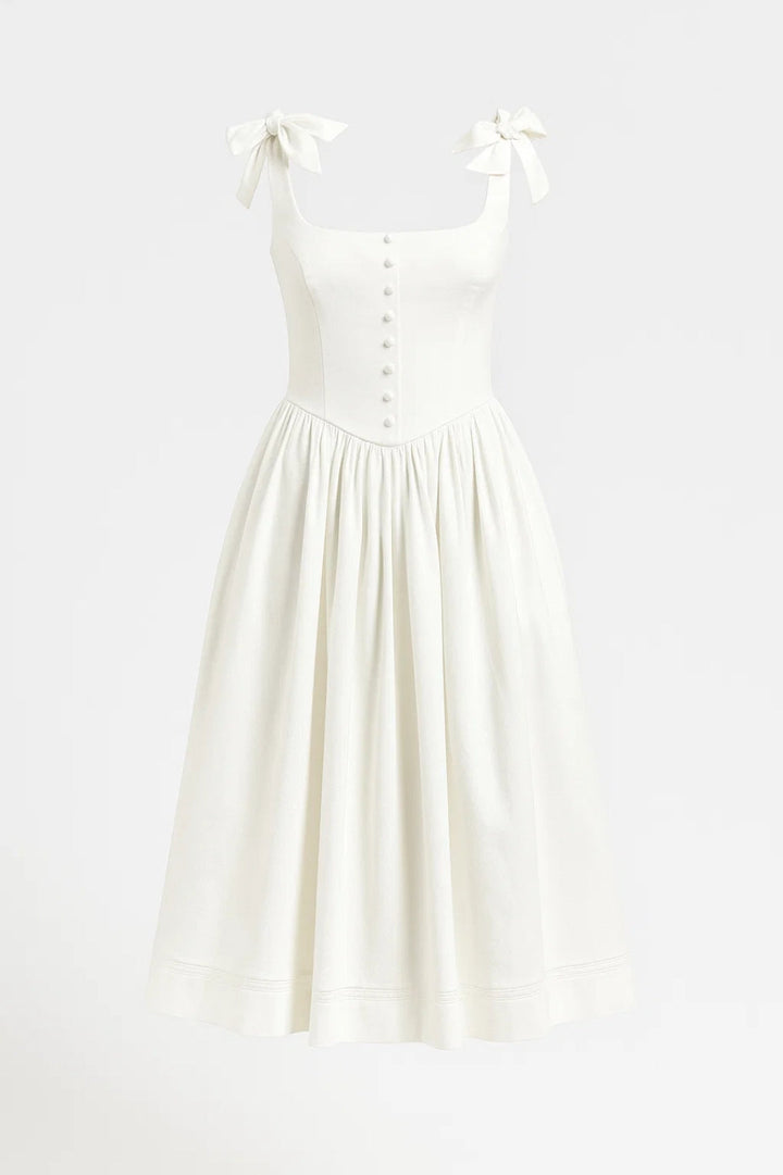 Witte Elegante Midi Jurk met Strikbandjes