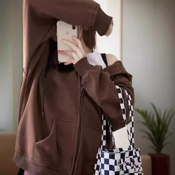 Dames ruime hoodie met rits, kangoeroezakken en ribgebreide boorden