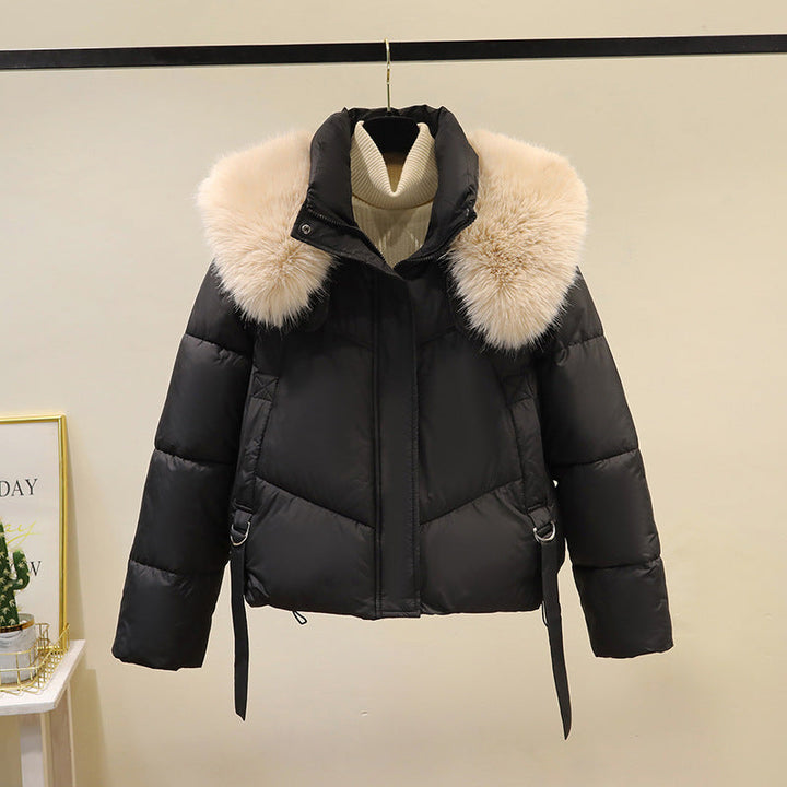 Dames korte gewatteerde jas met volumineuze faux fur kraag en tailleband
