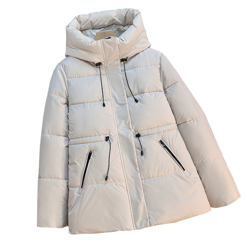 Dames korte gewatteerde hoodie met hoge kraag en koord