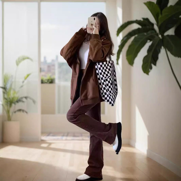 Dames ruime hoodie met rits, kangoeroezakken en ribgebreide boorden