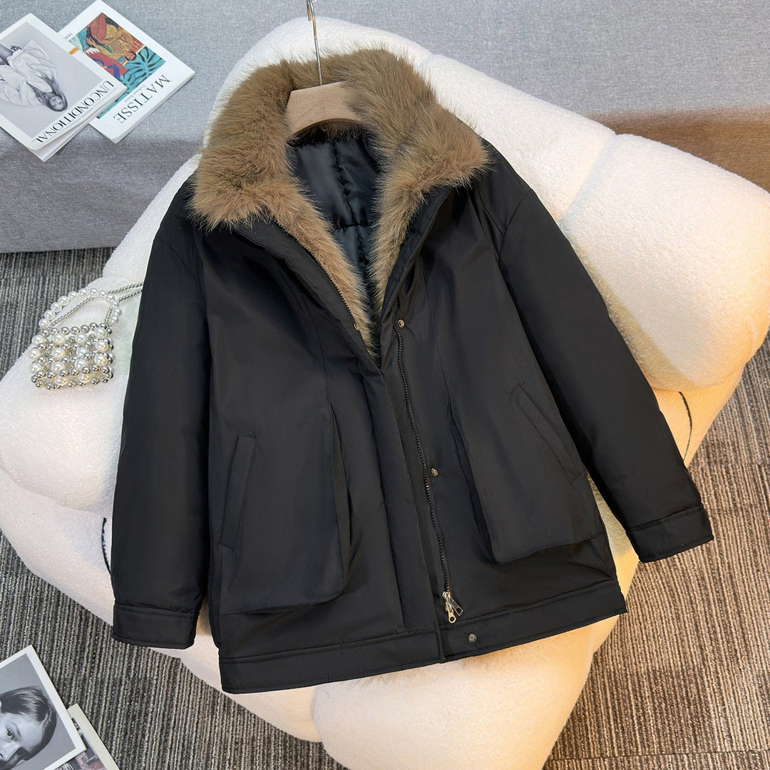 Dames middellange winterparka met afneembare kunstbontkraag