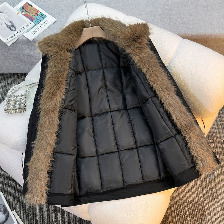 Dames middellange winterparka met afneembare kunstbontkraag