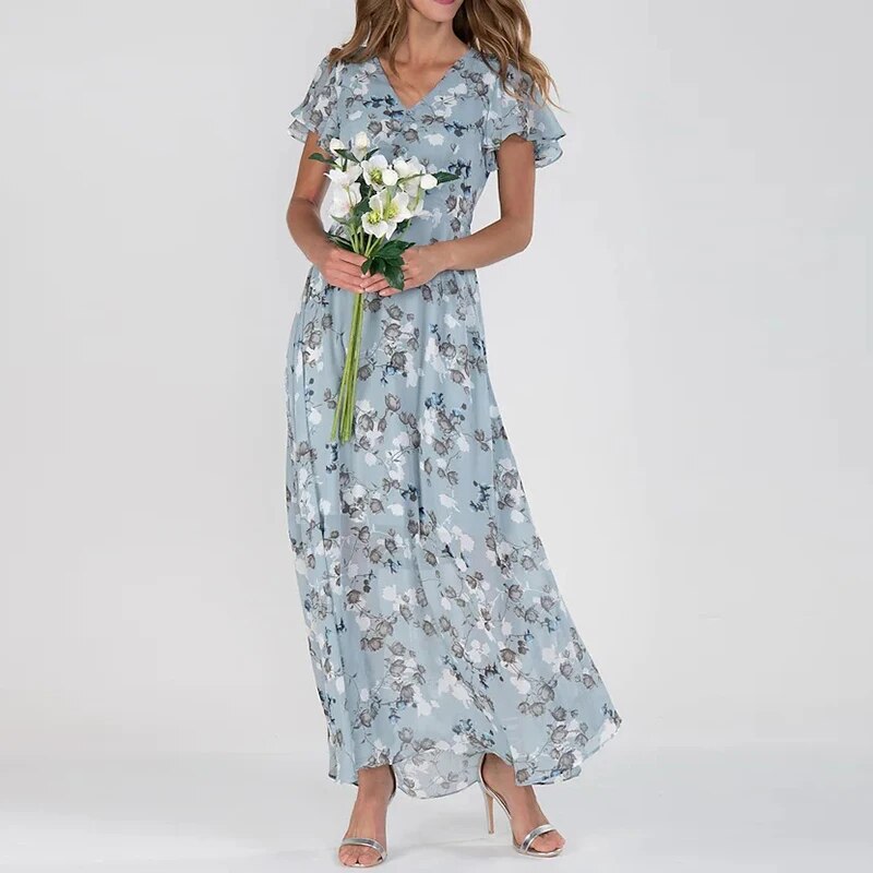 Dames Zomer Bloemen Maxi Jurk met V-Hals en Korte Mouwen