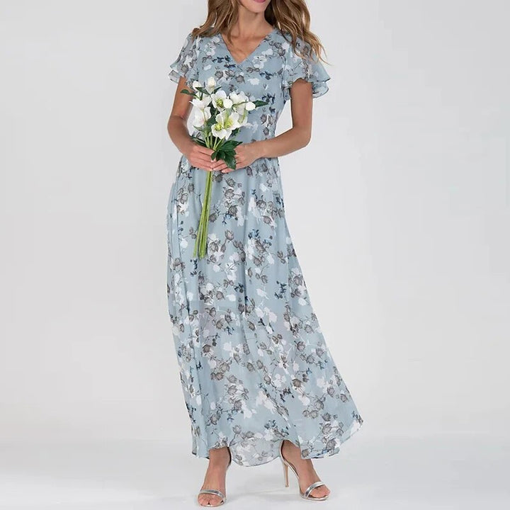 Dames Zomer Bloemen Maxi Jurk met V-Hals en Korte Mouwen