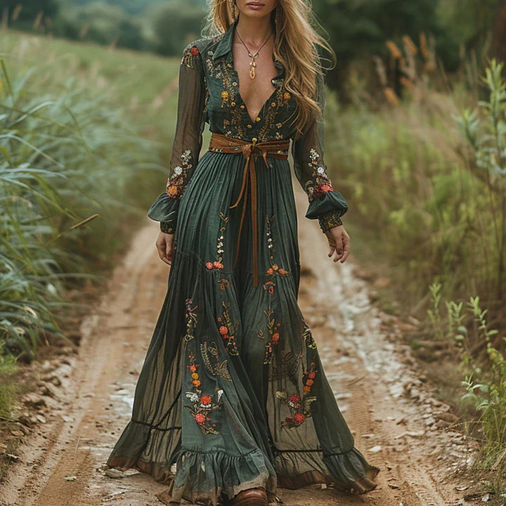 Eleanor | Dames Bloemen Lange Mouw Maxi Jurk