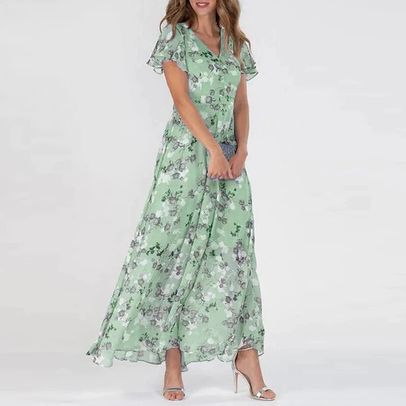 Dames Zomer Bloemen Maxi Jurk met V-Hals en Korte Mouwen