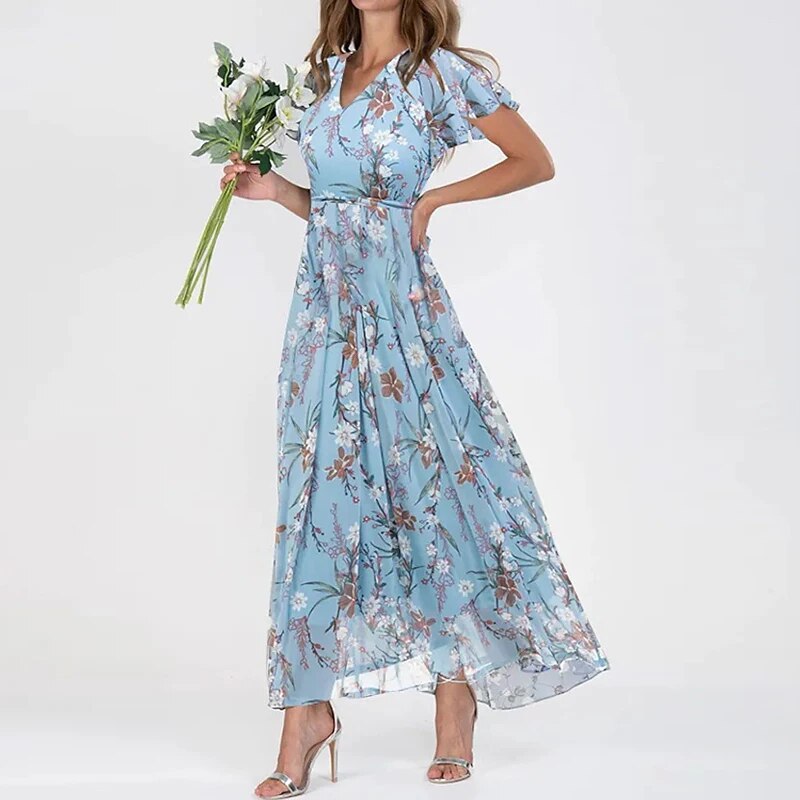 Dames Zomer Bloemen Maxi Jurk met V-Hals en Korte Mouwen