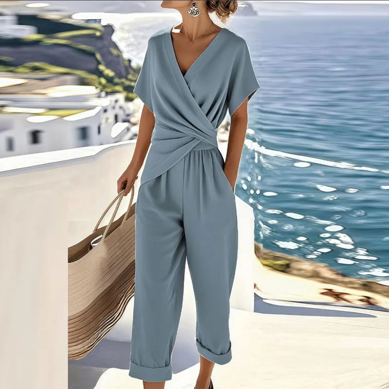 Estelle | Dames Casual Korte Mouw V Hals Jumpsuit