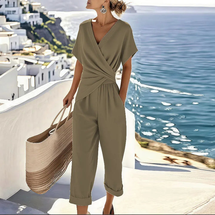 Estelle | Dames Casual Korte Mouw V Hals Jumpsuit