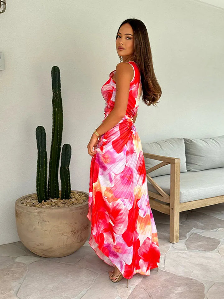Plissé One-Shoulder Jurk met Bloemenpatroon – Elegant & Vrouwelijk