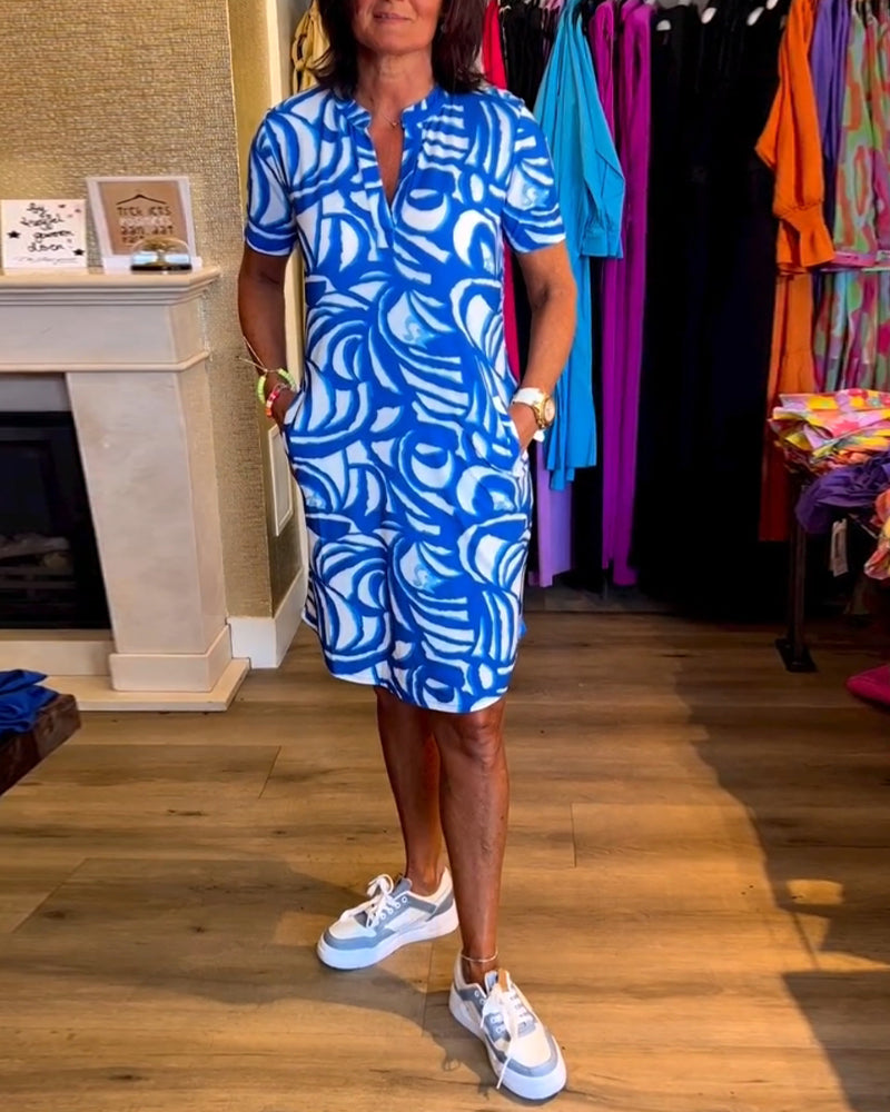 V-hals Zomerjurk met Print en Losse Pasvorm