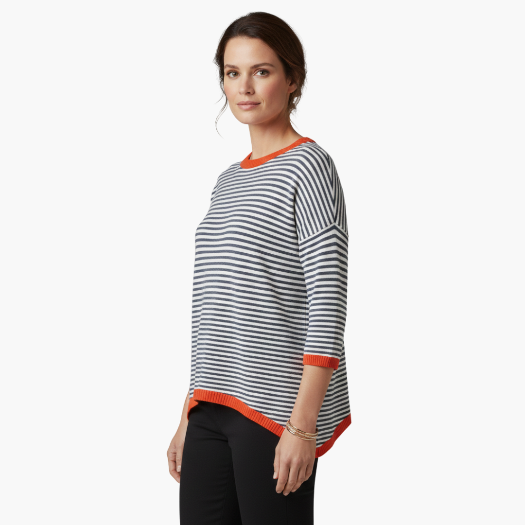 Stijlvolle Dames Lange Mouw Gestreepte Top met Contrasterende Afwerking