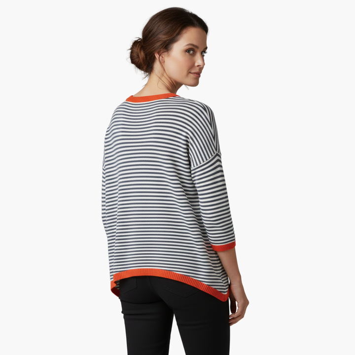Stijlvolle Dames Lange Mouw Gestreepte Top met Contrasterende Afwerking