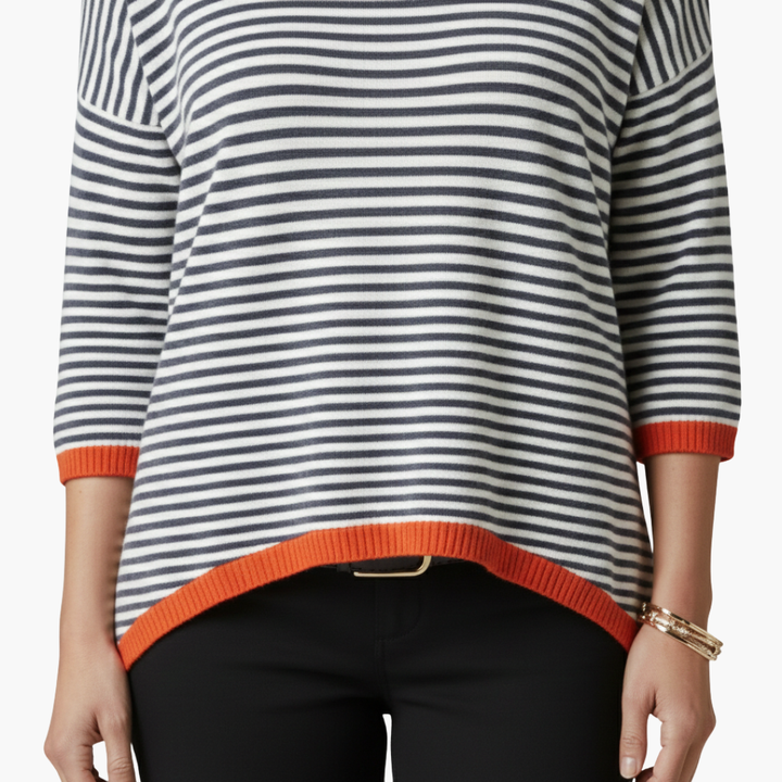 Stijlvolle Dames Lange Mouw Gestreepte Top met Contrasterende Afwerking