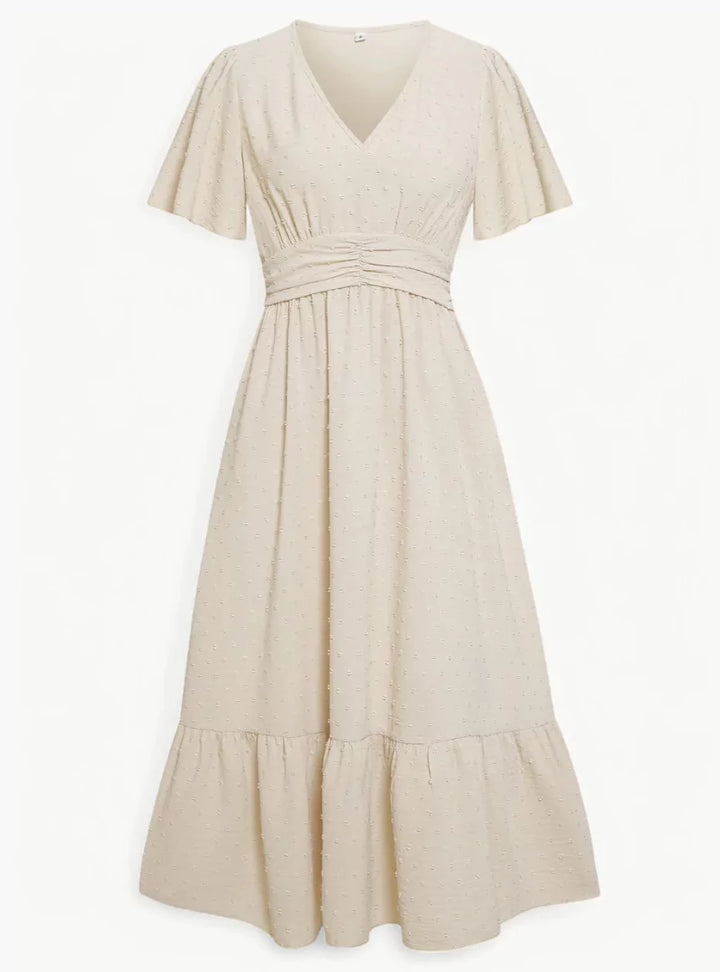 Midi-zomerjurk met V-hals en tailleaccentuering – Losse & Vrouwelijke