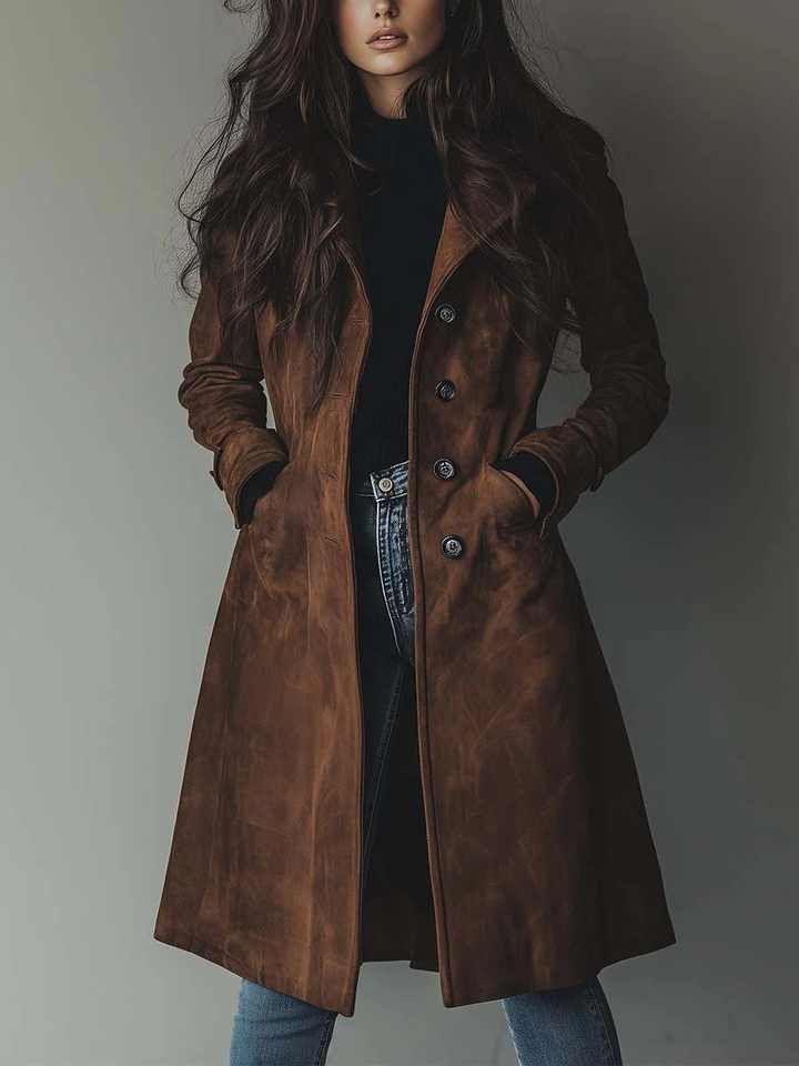 Dames Faux Suède Lange Trenchcoat