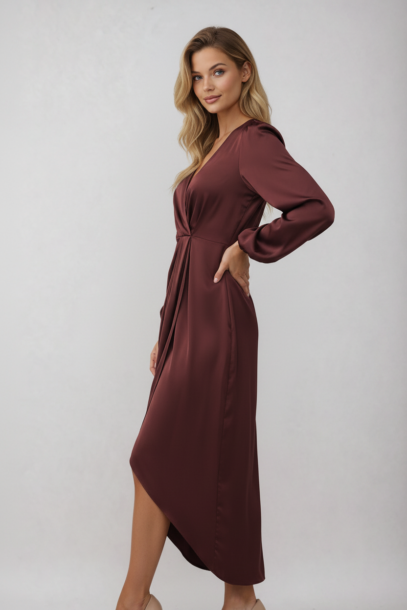 Dames Wikkel Midi Jurk – Getailleerd, Casual voor Winter en Avondkleding