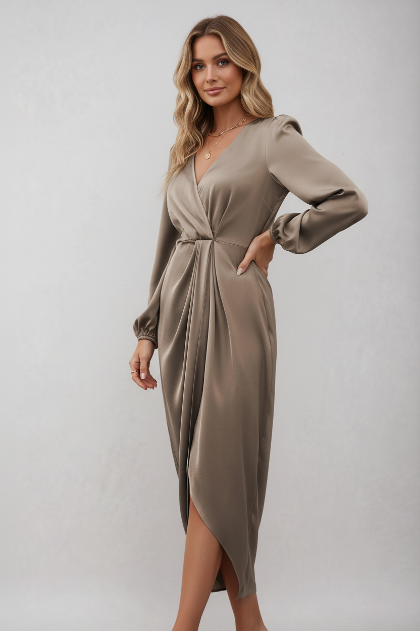 Dames Wikkel Midi Jurk – Getailleerd, Casual voor Winter en Avondkleding