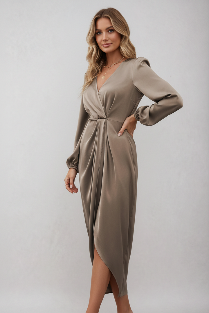 Dames Wikkel Midi Jurk – Getailleerd, Casual voor Winter en Avondkleding