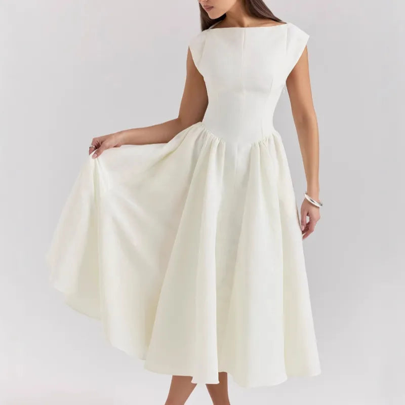 Livoria | Dames midijurk met boothals en plooien