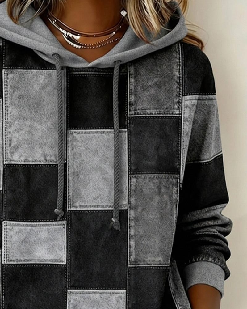 Stijlvolle Lange Mouwen Geruite Hoodie