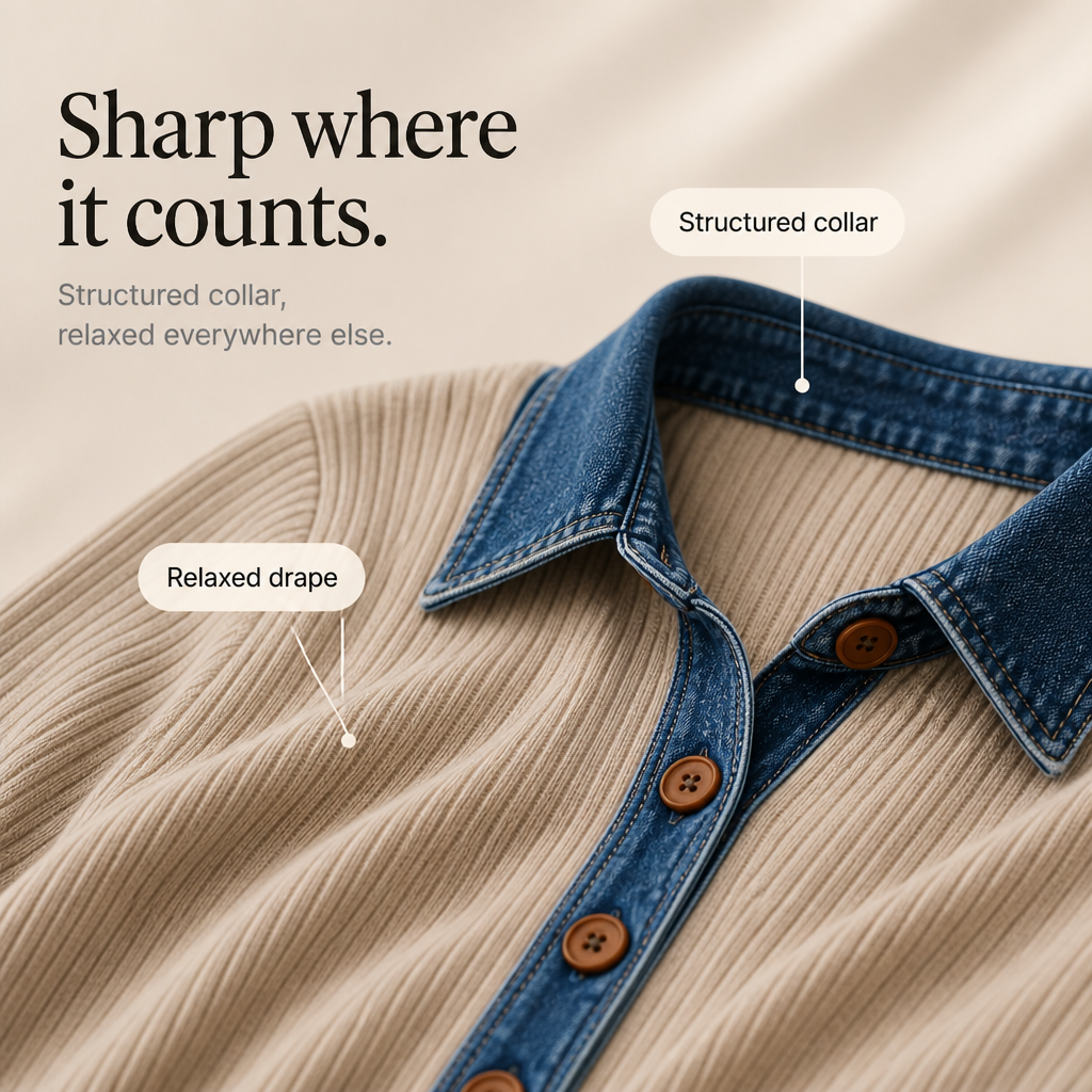 Denali Rowe – Kraag van denim-look, geribbelde gebreide top