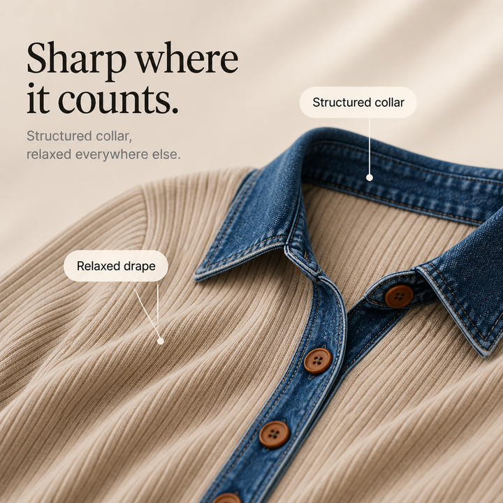 Denali Rowe – Kraag van denim-look, geribbelde gebreide top