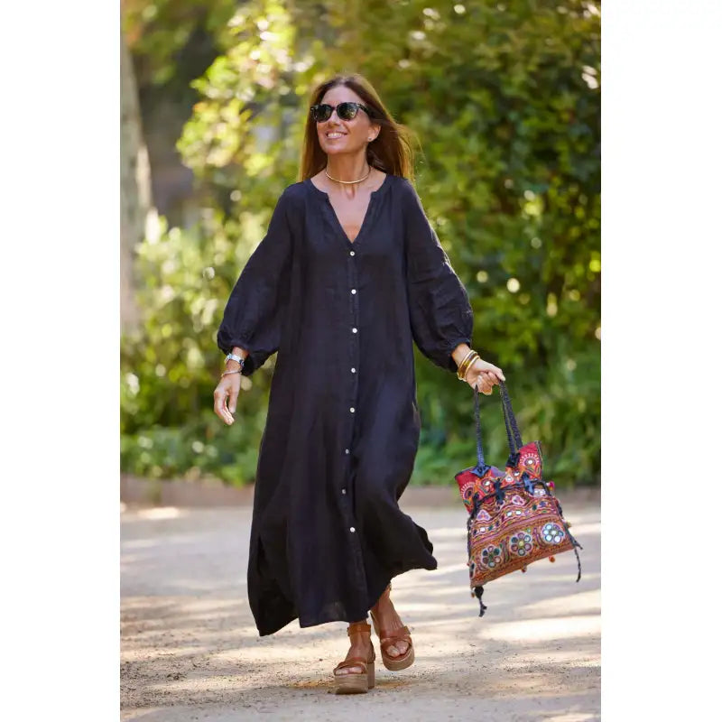Amorette | Dames maxi-jurk met V-hals en knoopsluiting
