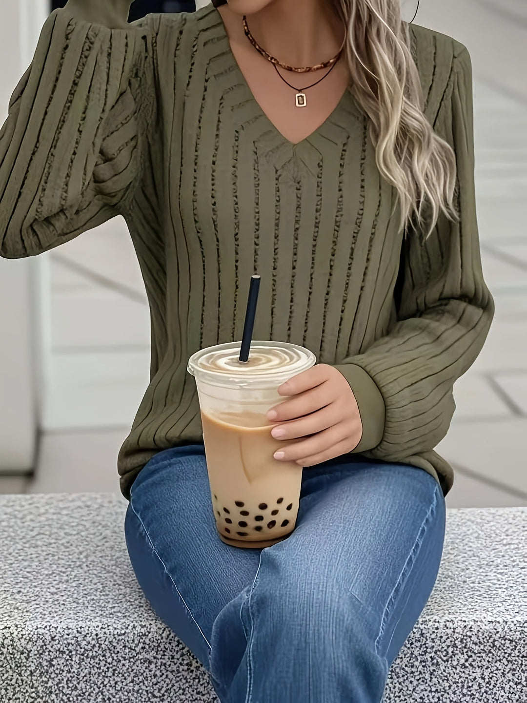 Joan - Stijlvolle Rib V-hals Sweatshirt