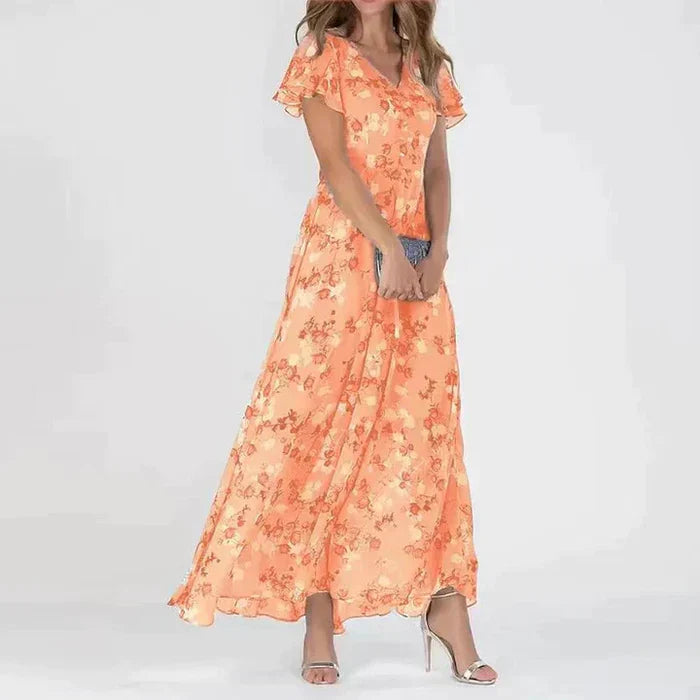 Dames Zomer Bloemen Maxi Jurk met V-Hals en Korte Mouwen