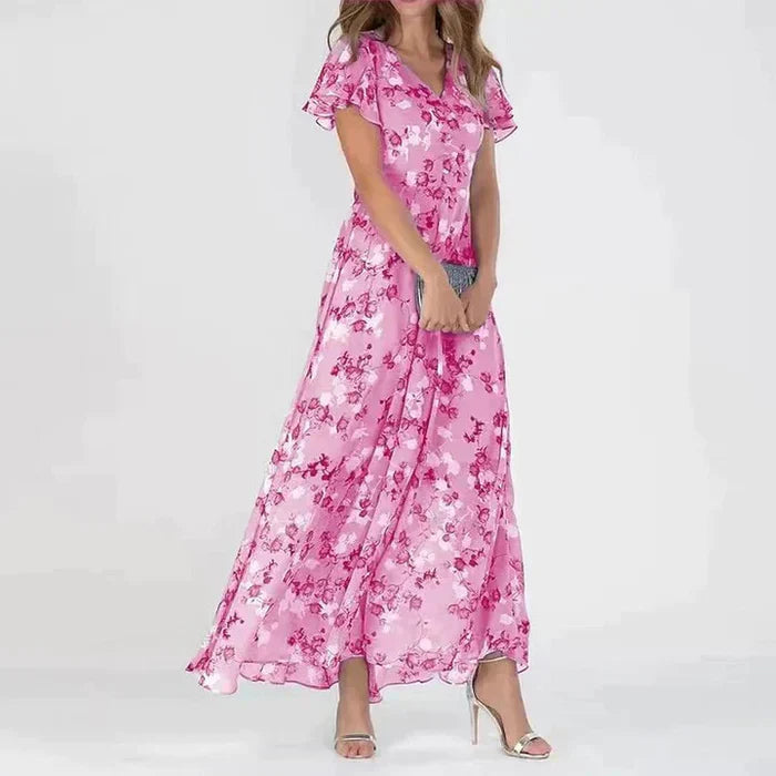 Dames Zomer Bloemen Maxi Jurk met V-Hals en Korte Mouwen