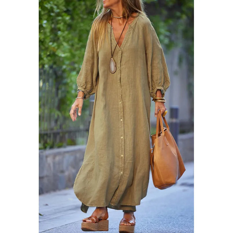 Amorette | Dames maxi-jurk met V-hals en knoopsluiting