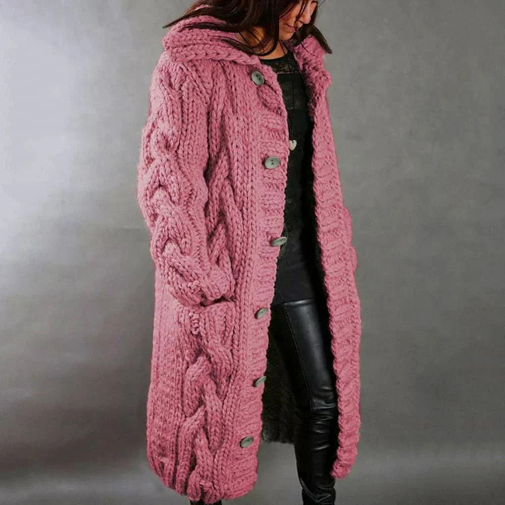 Josie | Dames Lange Grof Gebreide Cardigan met Capuchon