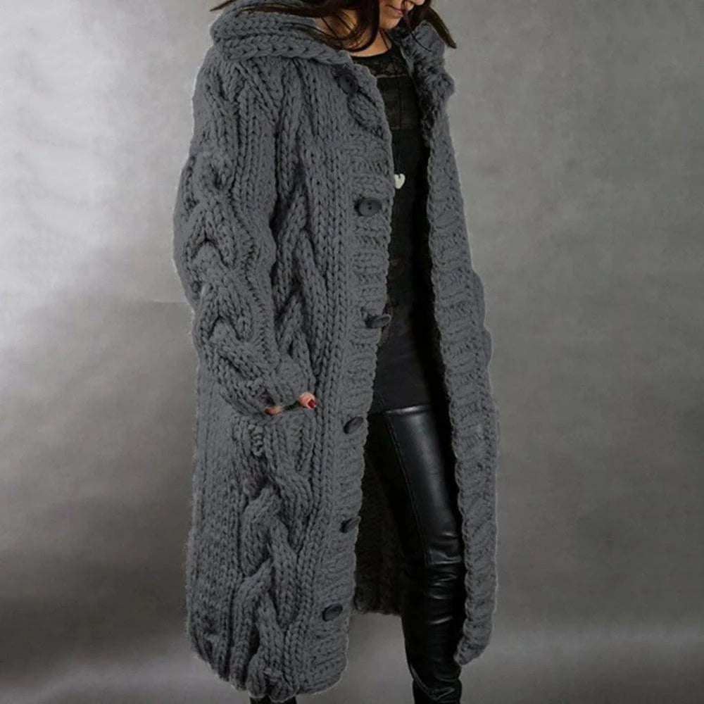 Josie | Dames Lange Grof Gebreide Cardigan met Capuchon